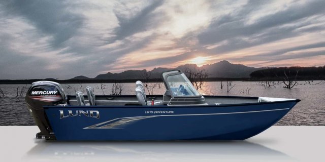 a lund 1675 adventure aluminum fishing boat docked in front of a picturesque gordon bay sunset 