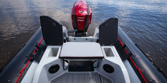 the back of a zodiac open series 7 At Gordon Bay Marine Muskoka