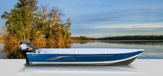 a lund ssv 14 docked in front a beautiful muskokan lake.